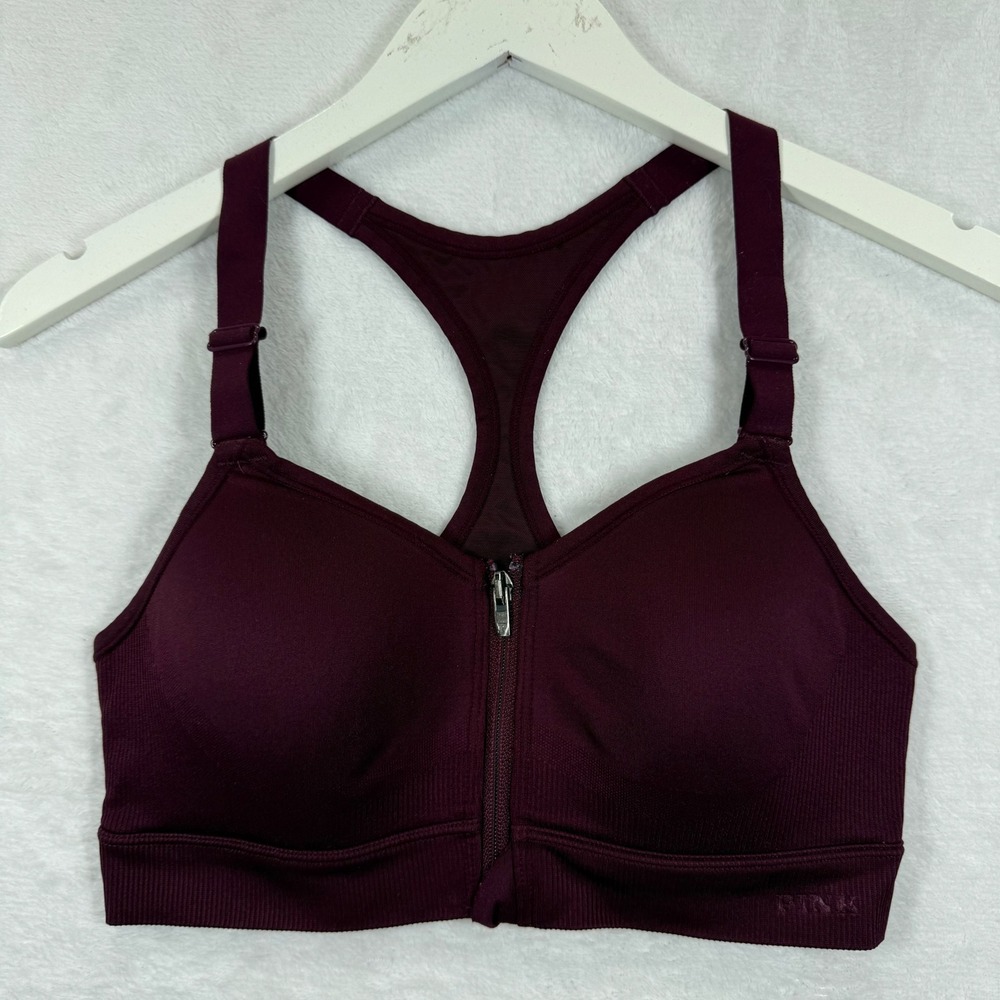PINK Victoria's Secret Front Zip Sports Bra Burgundy Racerback‎ Small 418843-QFK